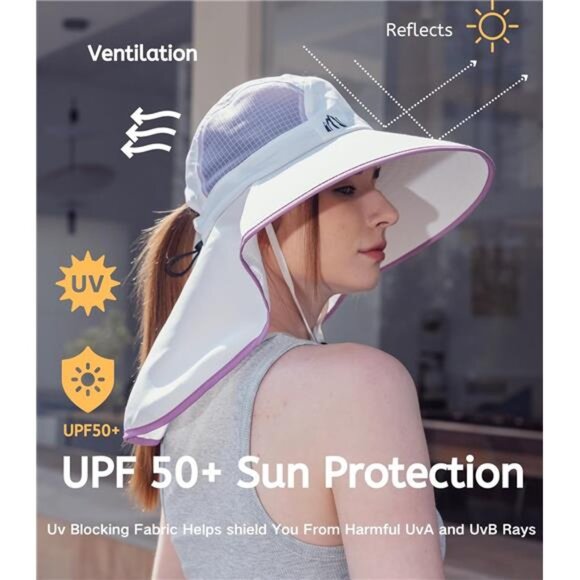UV Sun Protection Hat Women Foldable Neck Flap Wide Brim Fishing hat - Picture 3 of 7